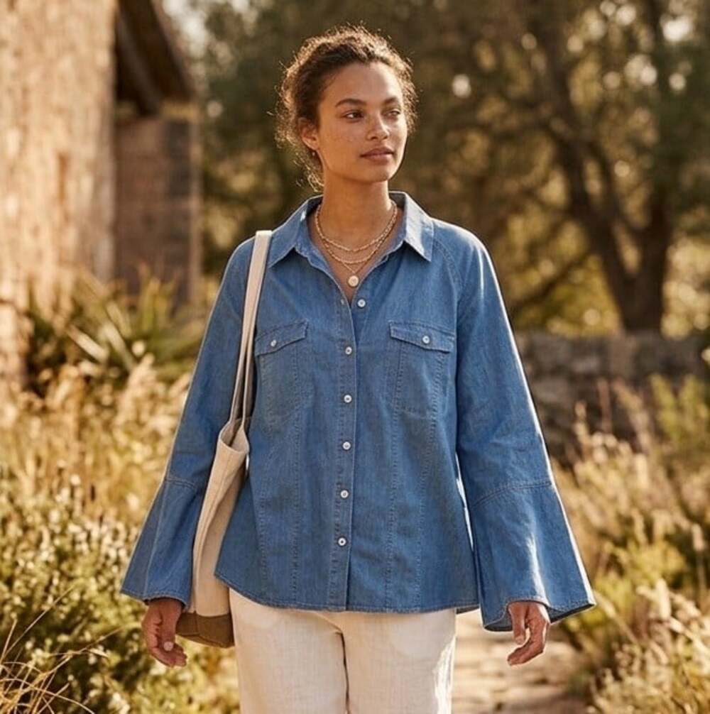 Belle Kim Gravel Size 2X Bell Sleeve Blue Denim Button Down Boho Top